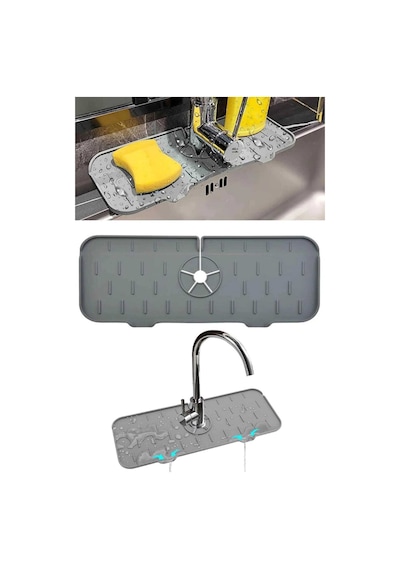 İndecor Houseware Su Tutucu Musluk Matı Mutfak Banyo Için Koruyucu Musluk Lavabo Bulaşık Süngeri Matı Antrasit Gri