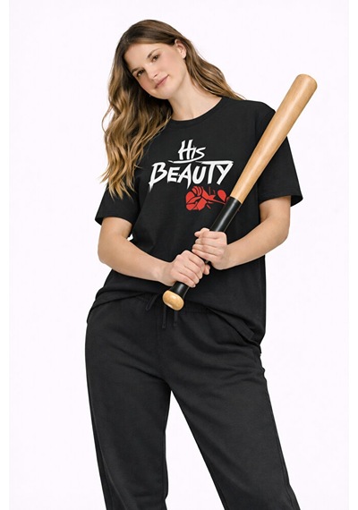 Sevgili Kombini Her Beast His Beauty Oversize Çift Tişört Unisex Siyah