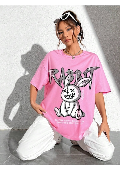 Noıssey Karikatür Ve Grafik Tasarım Oversize T-shirt Cartoon/letter Serisi Kod38 Pembe