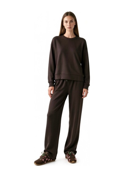 Hiccup Modal Touch Basic Sweatshirt & Geniş Paça Pantolon İkili Takım Koyu Kahverengi