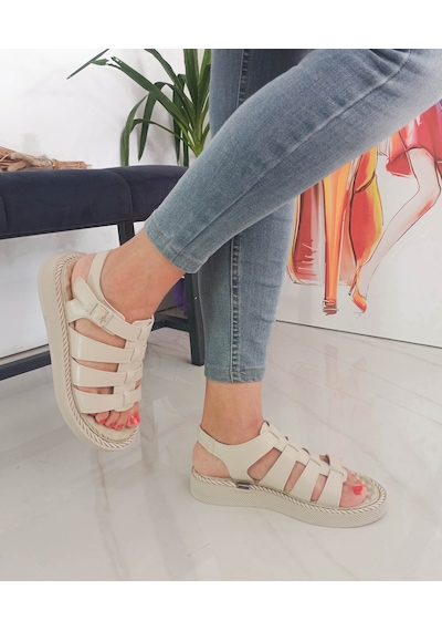 Bej Renk Kafes Model Padli Taban Kadın Sandalet 001