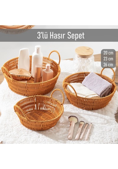 Tr 304-d Yuvarlak 3'lü Hasır Sepet Dekoratif Ev Düzenleyici Kendinden Kulplu Hasır Sepet Seti Banyo Düzenleyici Sep Genel