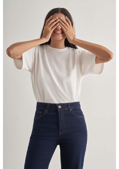 Mizalle Straight Fit Yüksek Bel Lacivert Denim Pantolon Lacivert