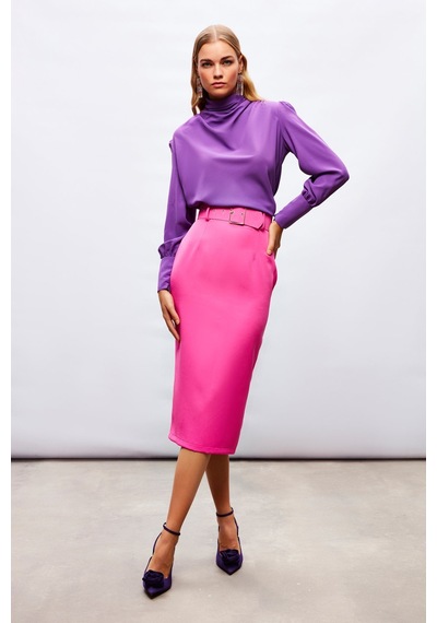 Sateen Kemerli Kalem Etek - Fuşya