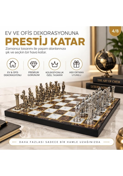 Lüks Metal Satranç Takımı Osmanlı Bizans Figürlü Krom Kehribar Mermer Desenli 20 X 20 Premium Hediye