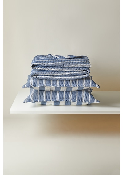 Ocean Home Textile Pamuklu Kapitoneli Lacivert Renk Çizgi Desen Çift Kişilik Yatak Örtüsü Seti 1 Adet 250 X 230 / 2 Adet 50 X 70 Cm