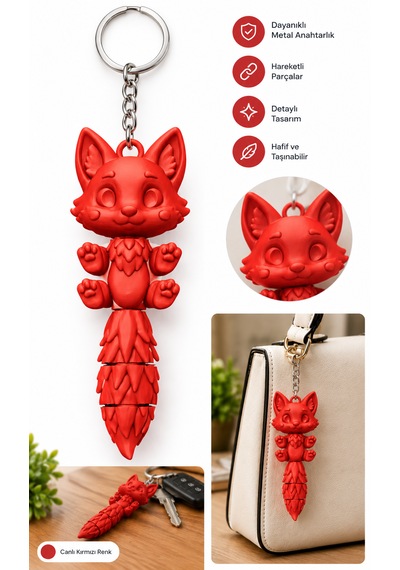 3d Baskı Sevimli Tilki Kedi Figürlü Çanta Aksesuarı Anahtarlık Hareketli Kuyruk Kırmızı