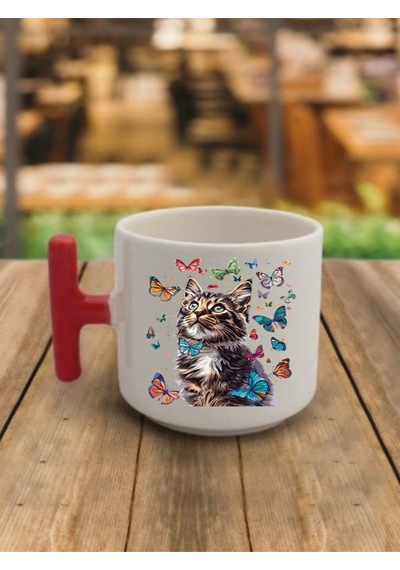 Kelebekli Kedi Temalı Kahve Bardağı Kupa Bardak - Seramik Çay, Kahve Hediyelik Bardağı Beyaz