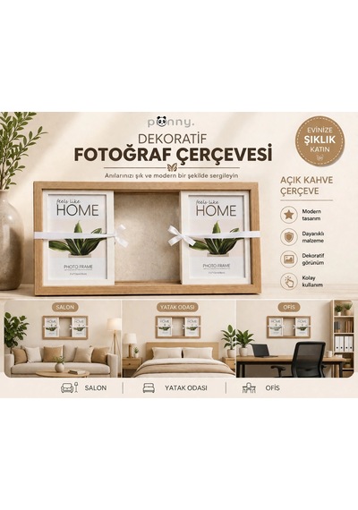 Pionny 3 Fotoğraflı Büyük Boy Sürgülü Dekoratif Ahşap Çerçeve 13x18 Cm Açık Kahve Meşe
