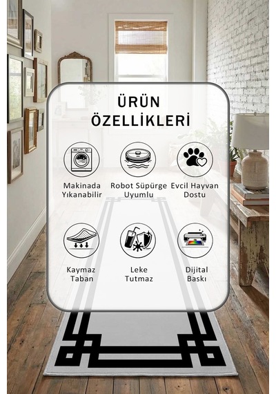 Klasik Açik Gri Siyah Yıkanabilir Yolluk