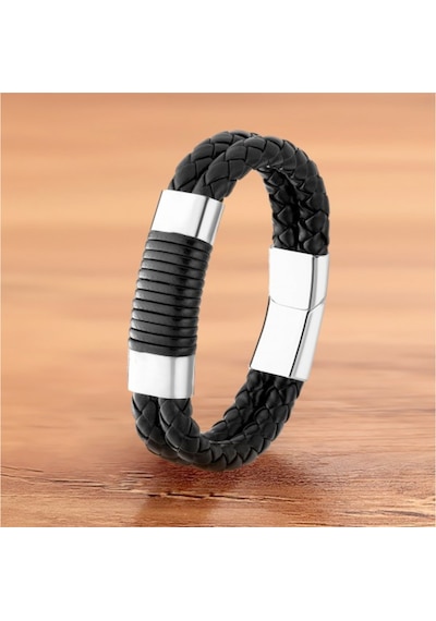 Brezza Lusso Jewelry Çift Örgülü Deri Çelik Erkek Bileklik