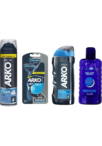 Magicare After Shave Marine Balm 200 ML + Arko Men T3 Pro 3 Bıçaklı Tıraş Bıçağı 3'lü + Cool Tıraş Köpüğü 200 ML + Cool Tıraş Kolonyası 250 ML
