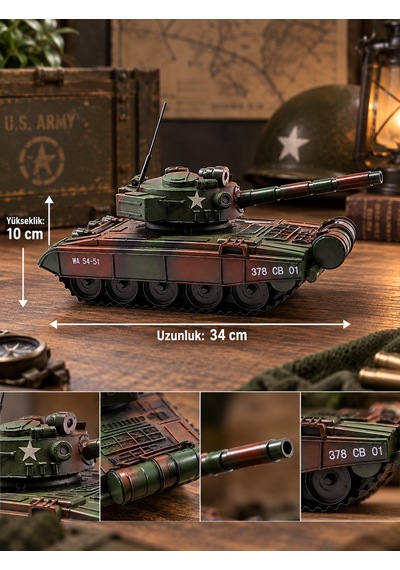 Dekoratif Metal Askeri Tank Maketi Yeşil Kamuflajlı Retro Koleksiyonluk Tank Biblo Koyu Yeşil