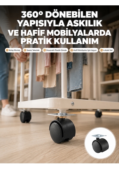 4 Cm Kilitsiz Tekerlek Ayak Seti Zemin Koruyucu Çokrenkli