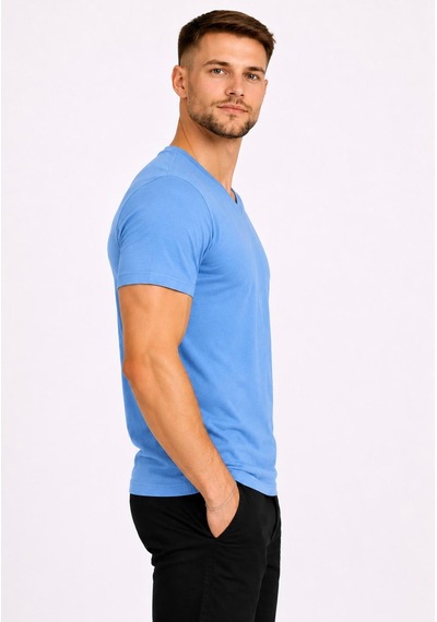 Axxel Erkek Mavi Pamuklu V Yaka Kısa Kollu T-shirt-d804