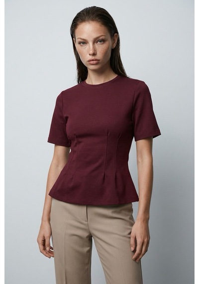 Bordo Kadın Bisiklet Yaka Belden Oturtmalı Basic Tişört Mg2670 Bordo