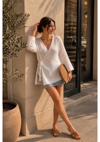 Bbbutikbasic Bağlamalı Müslin Kimono Ceket My3535 beyaz