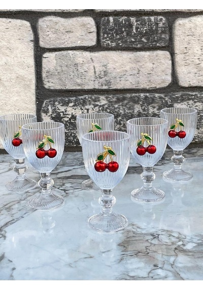 6 Lı Kristal Cam Kahve Yanı Bardağı Kiraz Bardak Kirazlı 75ml çok renkli