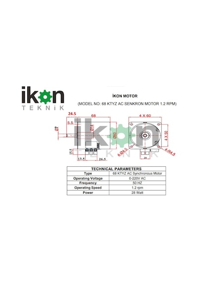 İkon Teknik AC SENKRON MOTOR 68 KTYZ 28 Watt 1.2 RPM 220 Volt