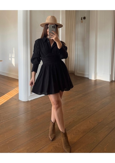 Fashion Cocktail Gömlek Stil Düğmeli Yakalı Belden Oturtmalı Transparan Üst Kloş A Formlu Skater Şifon Gece Elbisesi Siyah Fashion Cocktail Gömlek Stil Düğmeli Yakalı Belden Oturtmalı Transparan Üst Kloş A Formlu Skater Şifon Gece Elbisesi Siyah