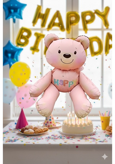 51x54 Cm Oturan Ayı Pembe Folyo Balon - Doğum Günü Parti Dekorasyon Balonu Çok Renkli