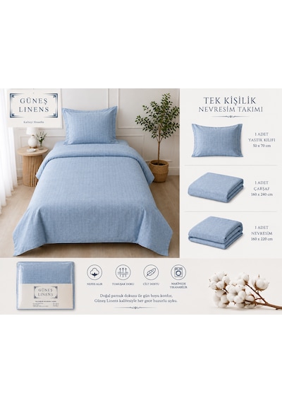 Ş Linens Tek Kişilik Nevresim Takımı Açik Mavi