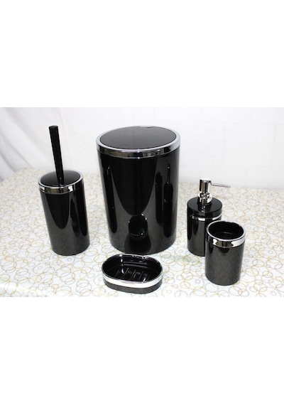 Makri Home Banyo Seti 5'li, Yuvarlak, Akrilik-çöp Kovası, Wc Fırçalık, Sıvı Sabunluk, Diş Fırçalık, El Sabunluk Siyah