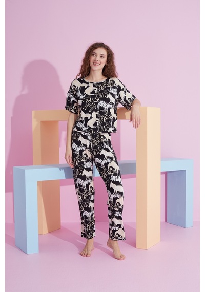 Siyah İnci Likralı Örme Pijama Takım 7802 Zebra Desen