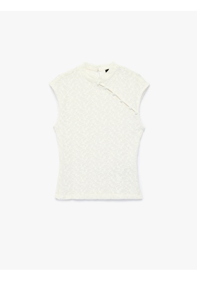 Koton Slim Fit Dik Qipao Yaka Kolsuz Düğmeli Dantelli Bluz Beyaz 7wak10208ek
