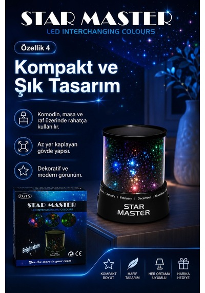 Oda İçin Yıldız Efektli Led Gece Lambası Renkli Işık Yansıtan Dekoratif Projektör Çok Renkli