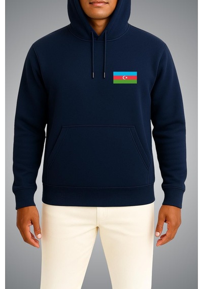 Bahriyeli Collection Kapüşonlu Azerbaycan Bayrağı Cep Baskılı Unisex Sweatshirt Lacivert
