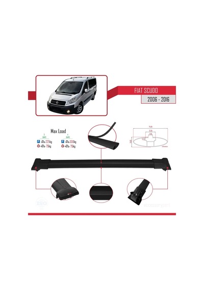 Fiat Scudo 2006-2016 Arası İle Uyumlu Fly Model Ara Atkı Tavan Barı Siyah 3 Adet Bar