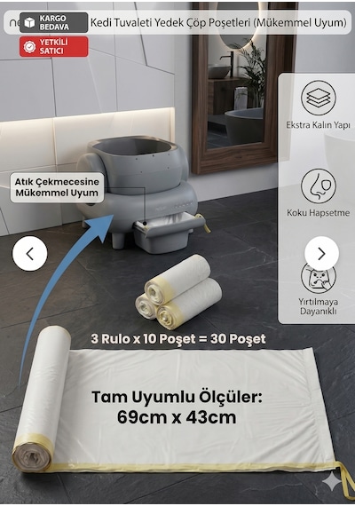 Missidea Neakasa Uyumlu Muadil Otomatik Kedi Tuvaleti Yedek Çöp Poşeti 30'lu 69x43 Cm