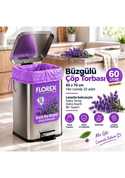 Büzgülü Çöp Torbası,büyük Boy 65x70cm,sızdırmaz,dayanıklı, Lavanta-1rulo