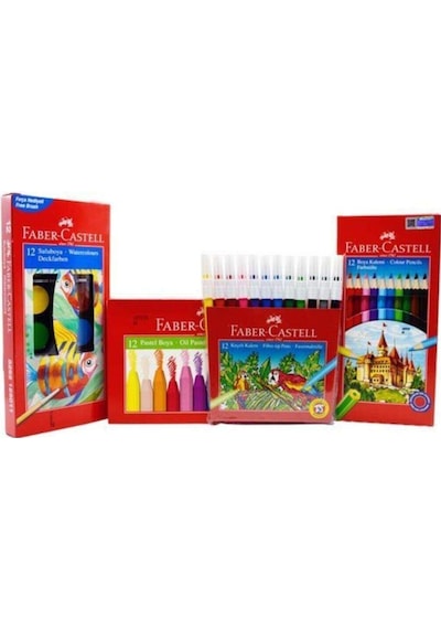 Okul Seti 3 - Kuru Boya, Suluboya, Keçeli Kalem, Pastel Boya 12 Renk Çok Renkli