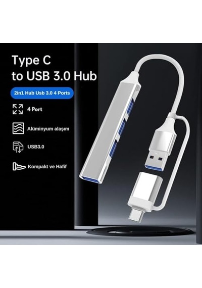 Lunatic 3360 Usb 3.0 Type C Hub 4 Port Çoklayıcı Çoğaltıcı Çevirici Dönüştürücü Adaptör 2'si 1 Arada Usb