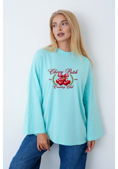 Medinenur Cherry Baskılı Tesettüre Uygun Uzun Kollu Body Yeşil