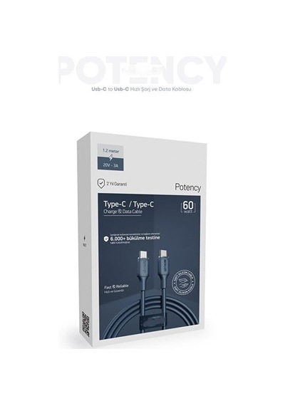 60w Potency Type-c To Type-c Isıya Dayanıklı Hızlı Şarj Ve Data Kablosu 1.2m Siyah Belirtilmemiş