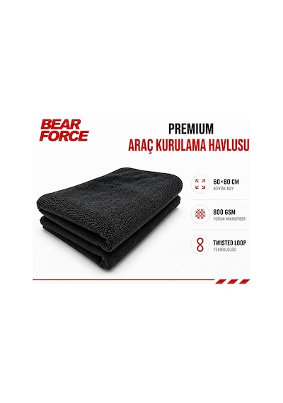 Robeve Bear Force Araç Kurulama Havlusu 60x80 Cm 800 Gsm Twisted Loop Mikrofiber Oto Kurulama Bezi Yüksek Su Emici Çiziksiz Araç Kurulama Havlusu Profesyonel Araç Bakım Ve Oto Yıkama Bezi