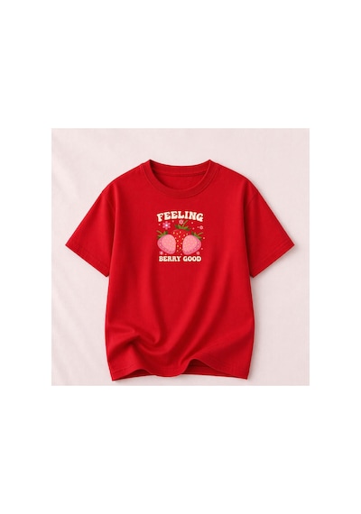 Herkesemoda Feelıng Baskı Detaylı Kadın Bisiklet Yaka Pamuklu T-shirt Kırmızı