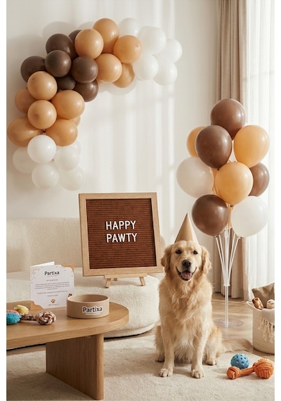 Kedi Köpek Doğum Günü Süsleme Deluxe Set Kahve Keçe Yazı Panosu Standlı Balon Zincirli 7li Şeffaf Balon Standlı Set Tüm Yaşlar
