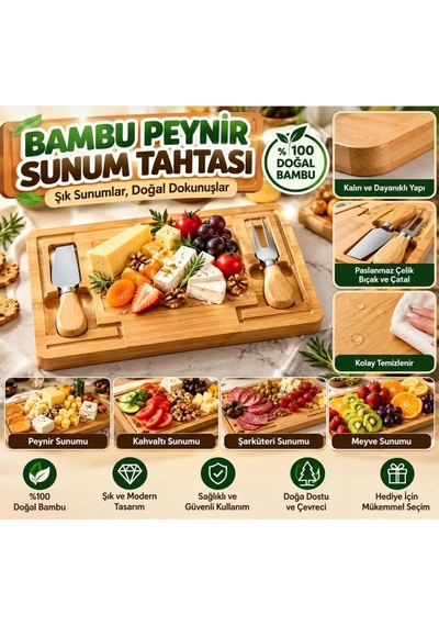 Bambu Peynir Sunum Tahtası Seti 3 Parça Peynir Bıçağı Ve Çatalı Şarküteri Kahvaltı Servis Tabağı Açık Kahverengi