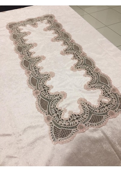 Almila Home Fransız Dantel Kadife 140X180 Masa Örtüsü Pudra D14