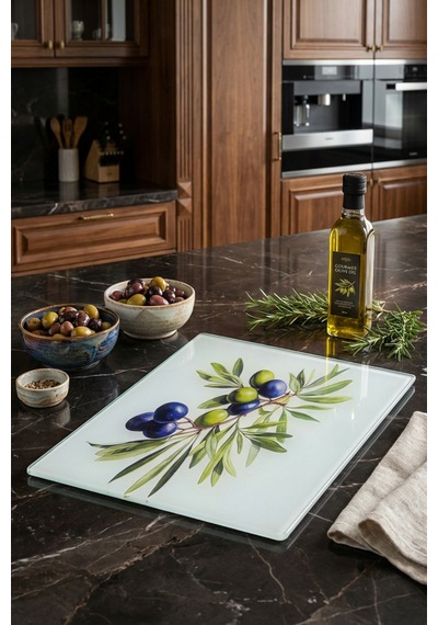 Makri Home Üzüm Desenli Cam, Kesme Tahtası, 25 35 Cm Beyaz