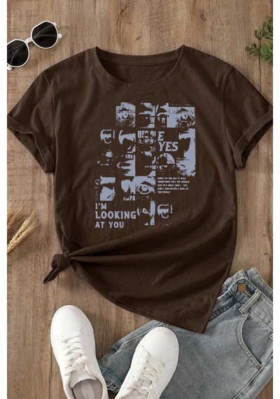 Unisex Looking Baskılı Oversize Tshirt Kahverengi