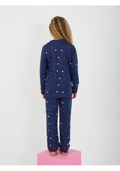Kız Çocuk Uzun Kollu %100 Pamuklu Düğmeli Pijama Takımı Lovely Lacivert