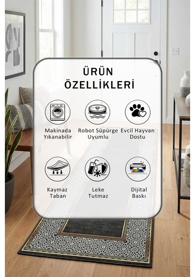Adela Siyah Dijital Baskılı Kaymaz Yıkanabilir Yolluk