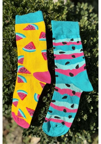 Lousocks Unisex Sağlı Sollu Karpuz Desenli Sarı Turkuaz Soket Çorap