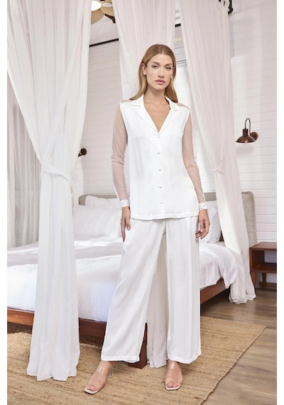 Aria's Closet Arias Closet Dantelli Ve Tüllü Uzun Kollu Önü Düğmeli Saten Pijama Takımı Beyaz