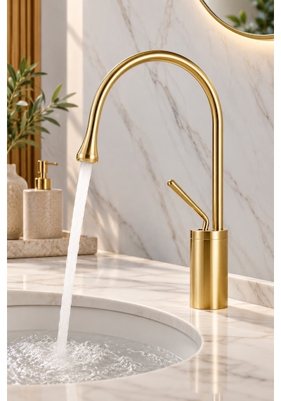 Alfas Mat Gold Banyo Lavabo Bataryası 360 Döner Pirinç Banyo Tezgah Üstü 360 Döner Batarya